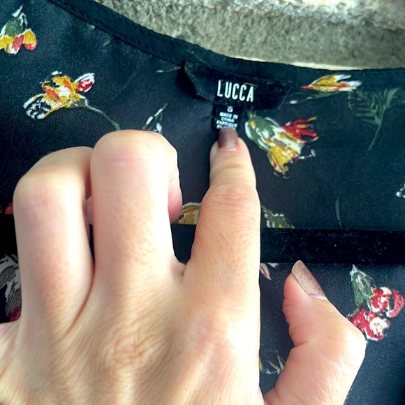 LUCCA black, floral, peplum blouse with front tie. Size S. - Picture 3 of 3